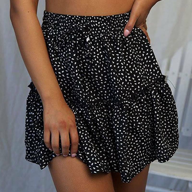 Polka Dot Mini Skirts for Women Elastic Waist Pleated Beach Holiday