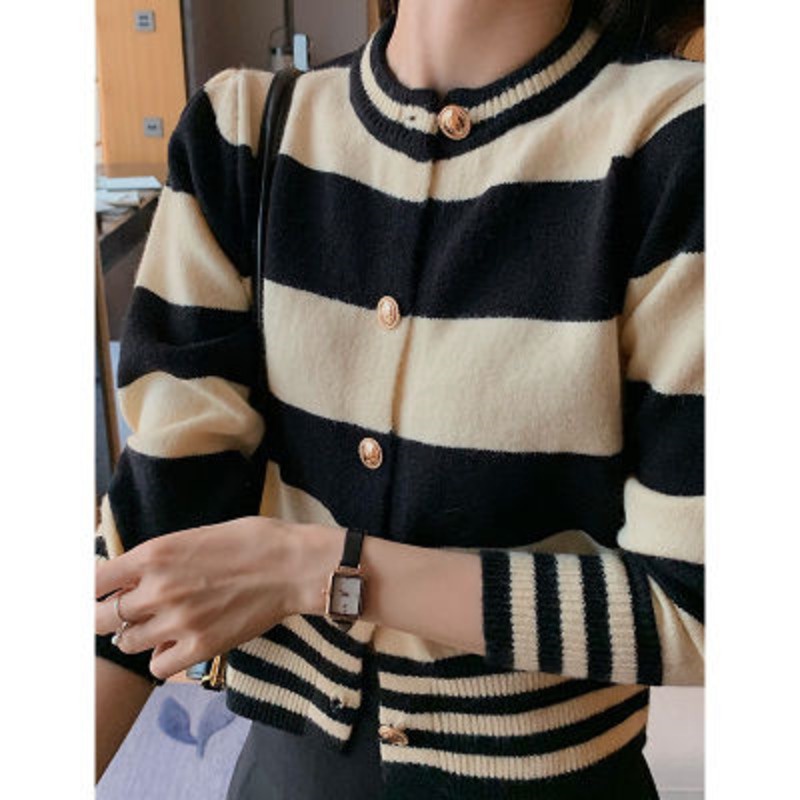 Áo sweater dệt kim tay dài họa tiết kẻ sọc phối khóa kim loại thời trang thu đông