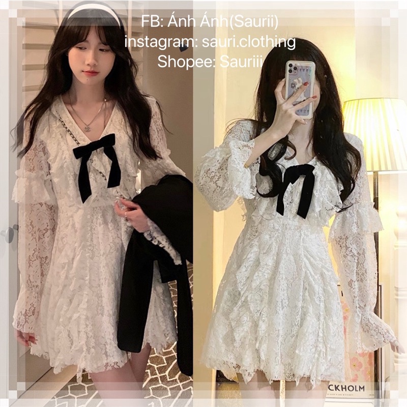 SẴN🖤Váy trắng ren dáng ngắn tiểu thư kèm tag nơ ngực xinh/Váy bánh bèo công chúa tay dài ulzzang vintage retro đáng yêu