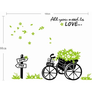 DECAL DÁN TƯỜNG GIỎ HOA VÀ XE ĐẠP XANH