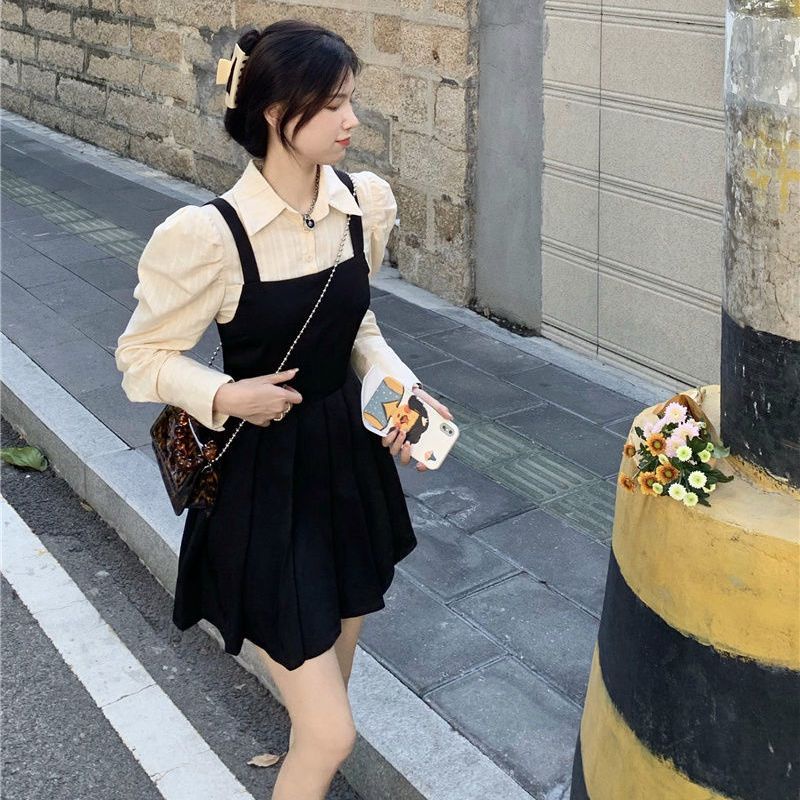 Đầm Chữ A Tay Dài Giả Hai Lớp Phong Cách Hàn Quốc Dành Cho Nữ
