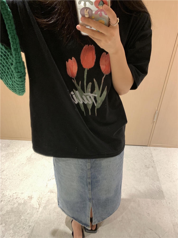 Áo thun Peppermint 50157 cổ tròn in hình hoa tulip thời trang cho nữ