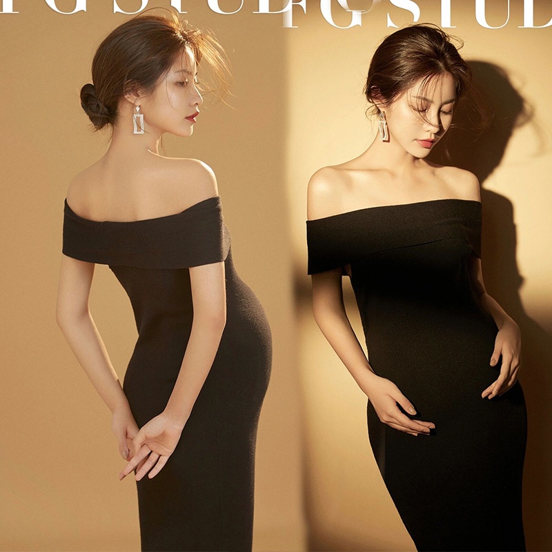 Đầm dệt kim dáng ôm màu đen dùng làm đạo cụ chụp ảnh thời trang cho mẹ bầu