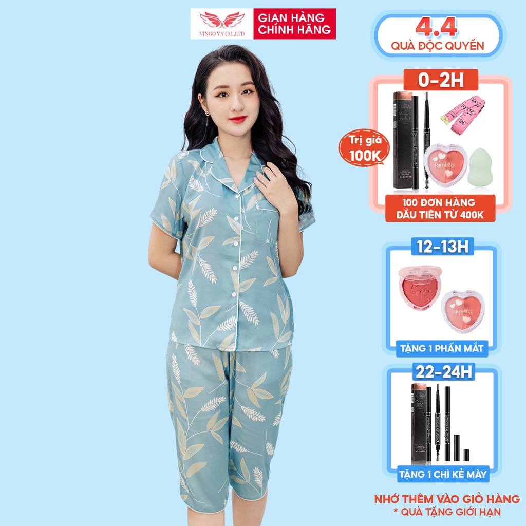 Đồ bộ nữ Pijama mặc nhà mùa Hè VINGO lụa Pháp mềm mát tay cộc quần lửng họa tiết lá cây nền xanh nhã nhặn H338 VNGO