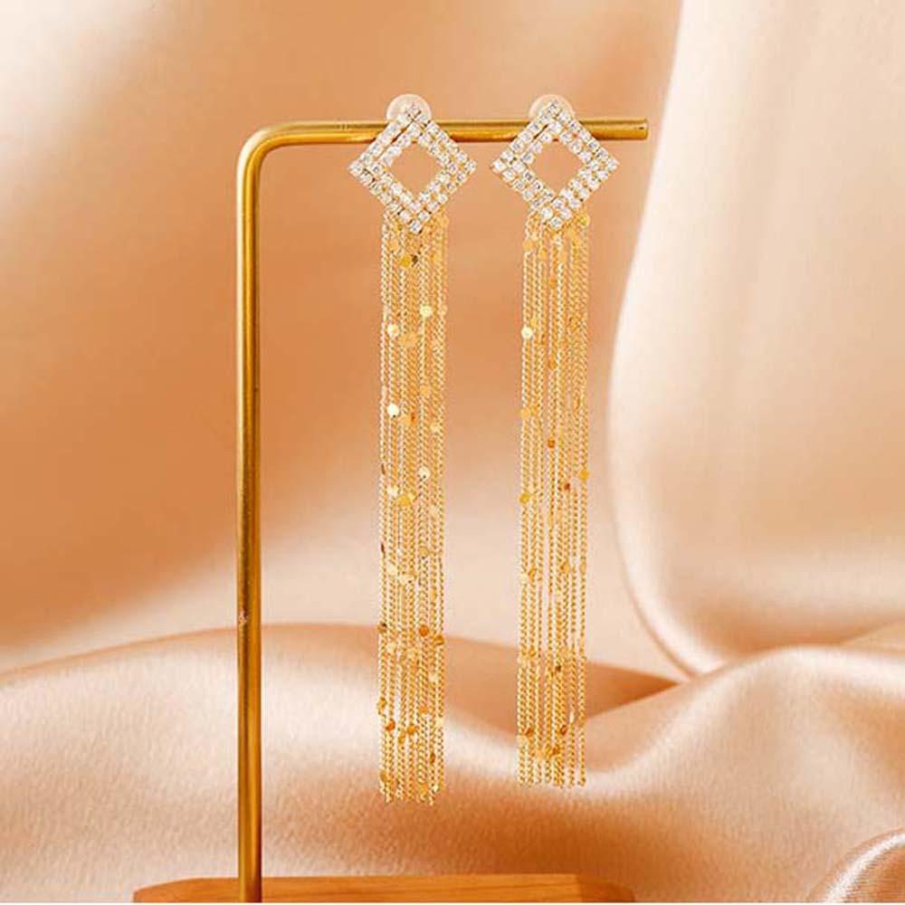 Bông Tai Dáng Dài Mặt Hình Vuông Phối Tua Rua Phong Cách Hàn Quốc Tinh Tế S925
