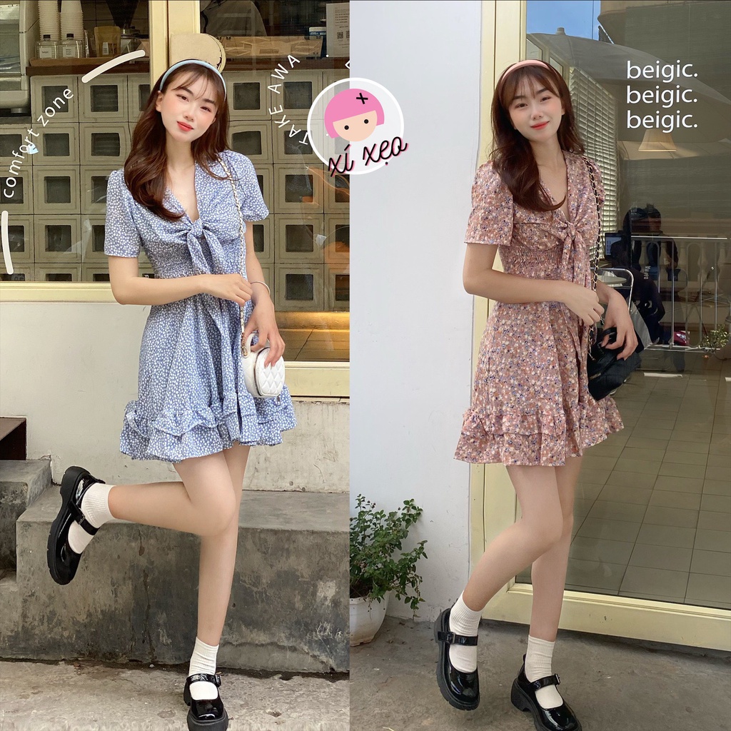 Váy trắng tầng dáng xoẻ, ngực thắt nơ bánh bèo tiểu thư xixeoshop - v109