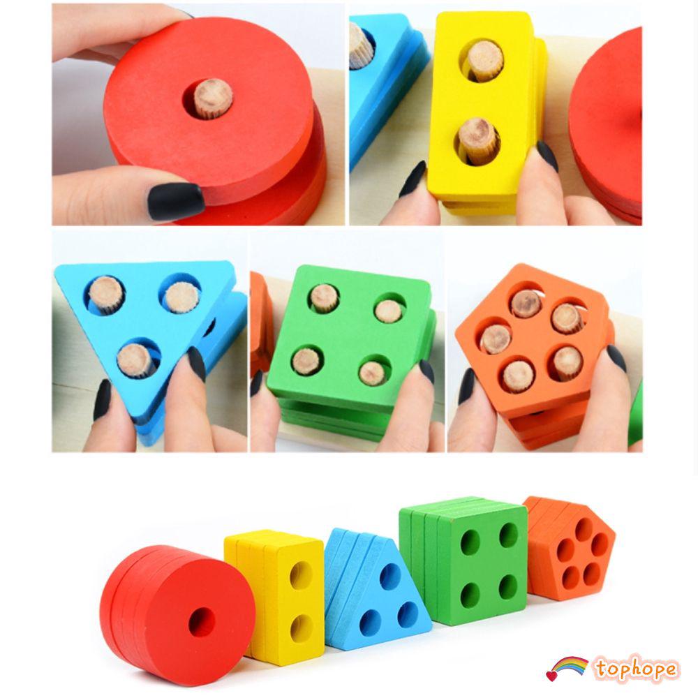 Wooden Geometry Column Shape Sort Building Blocks Early Learning Education Toy Tophope❤