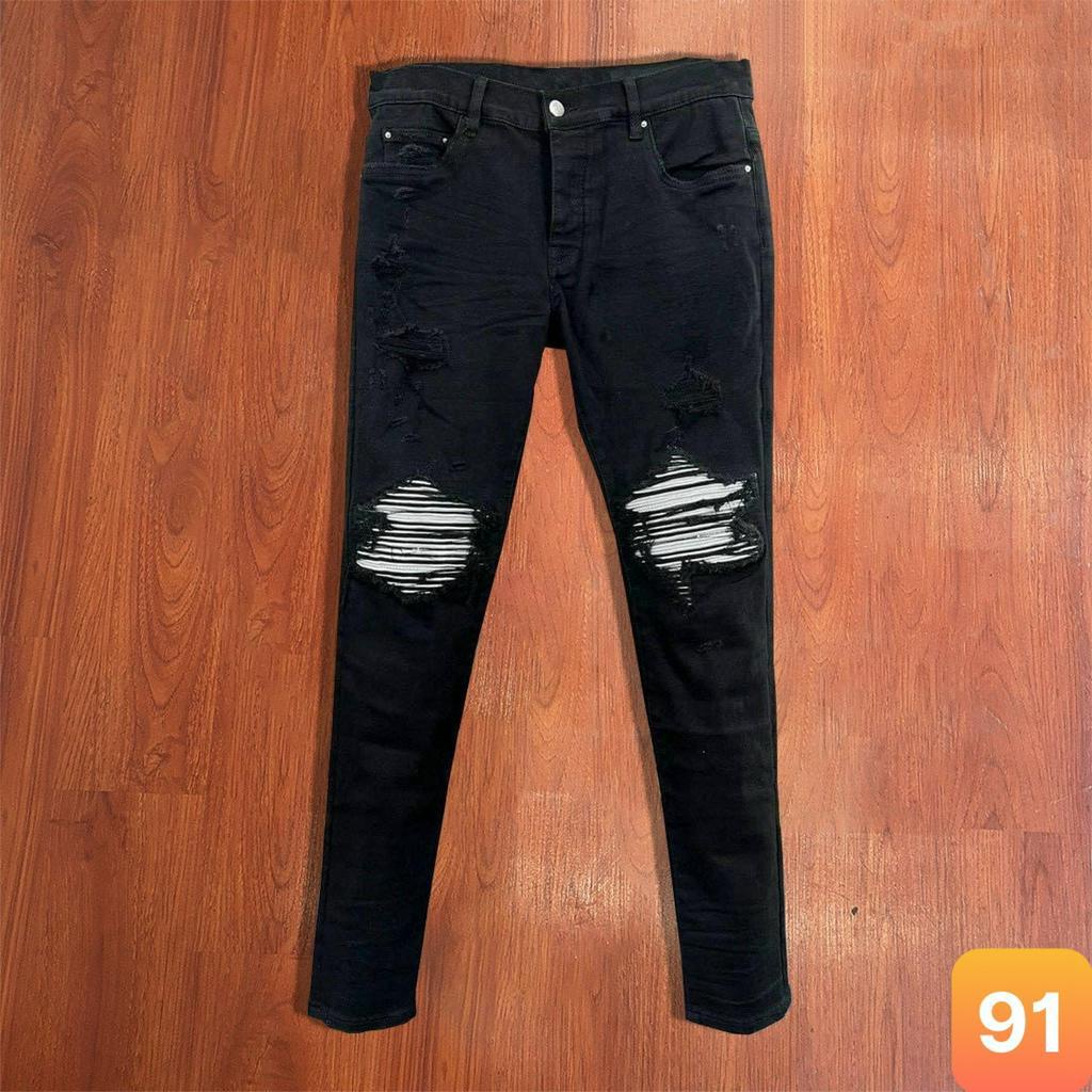 Quần jean nam màu đen đậm rách vá gối da chất liệu bò cao cấp co dãn 4 chiều form dáng skinny đẹp LAVADO6 mới