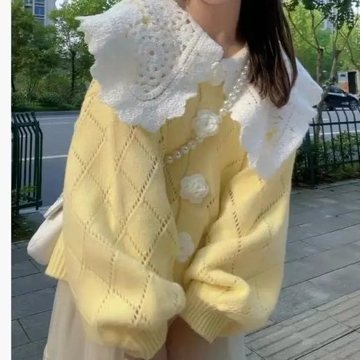 Áo Khoác Sweater Dệt Kim Cổ Búp Bê Phối Ren Thời Trang Thu Đông Mới
