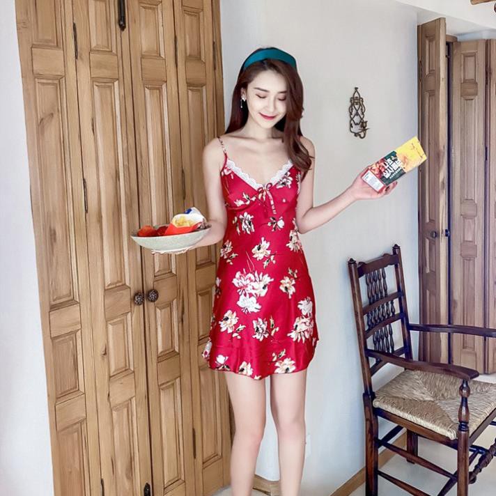 Váy ngủ lụa cao cấp 2 dây in hoa sang trọng có kèm mút ngực