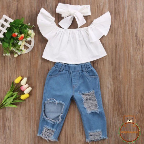 Set áo trễ vai + quần rách denim kèm băng đô thời trang cho bé gái