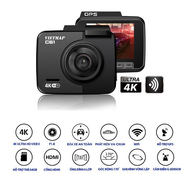 Camera hành trình VietMap C61(cảnh báo giao thông bằng giọng nói),Quay Nét 4K, Wifi,tăng thẻ 16gb