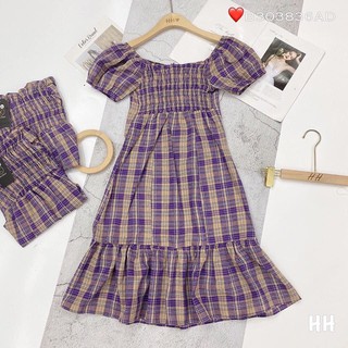 ĐẦM CARO TÍM CỔ VUÔNG ĐUÔI CÁ
