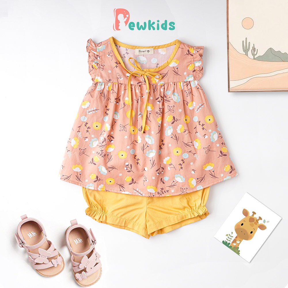 Bộ cộc tay cho bé gái Dewkids dáng áo babydoll phối tay bèo đáng yêu