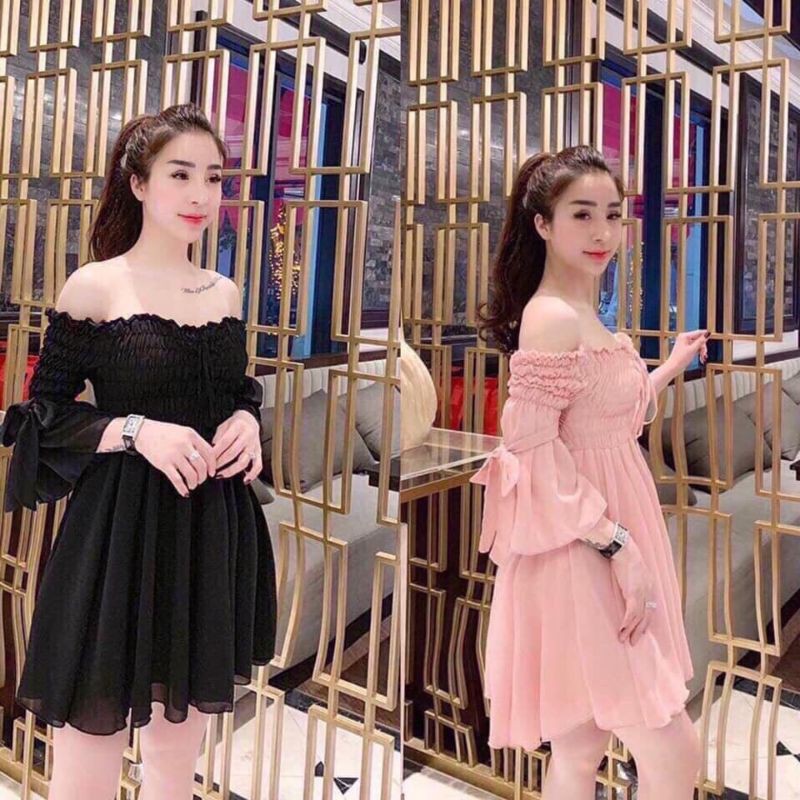 Đầm xòe trễ vai tay loe buộc nơ dễ thương