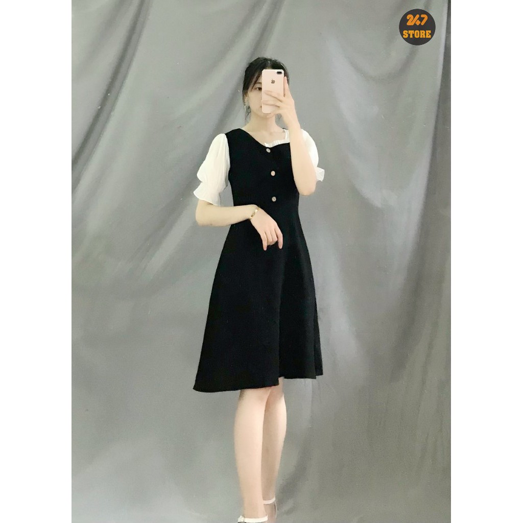 Váy đen công sở cổ lệch cúc gỗ tay voan dáng chữ A 247 STORE | BigBuy360 - bigbuy360.vn
