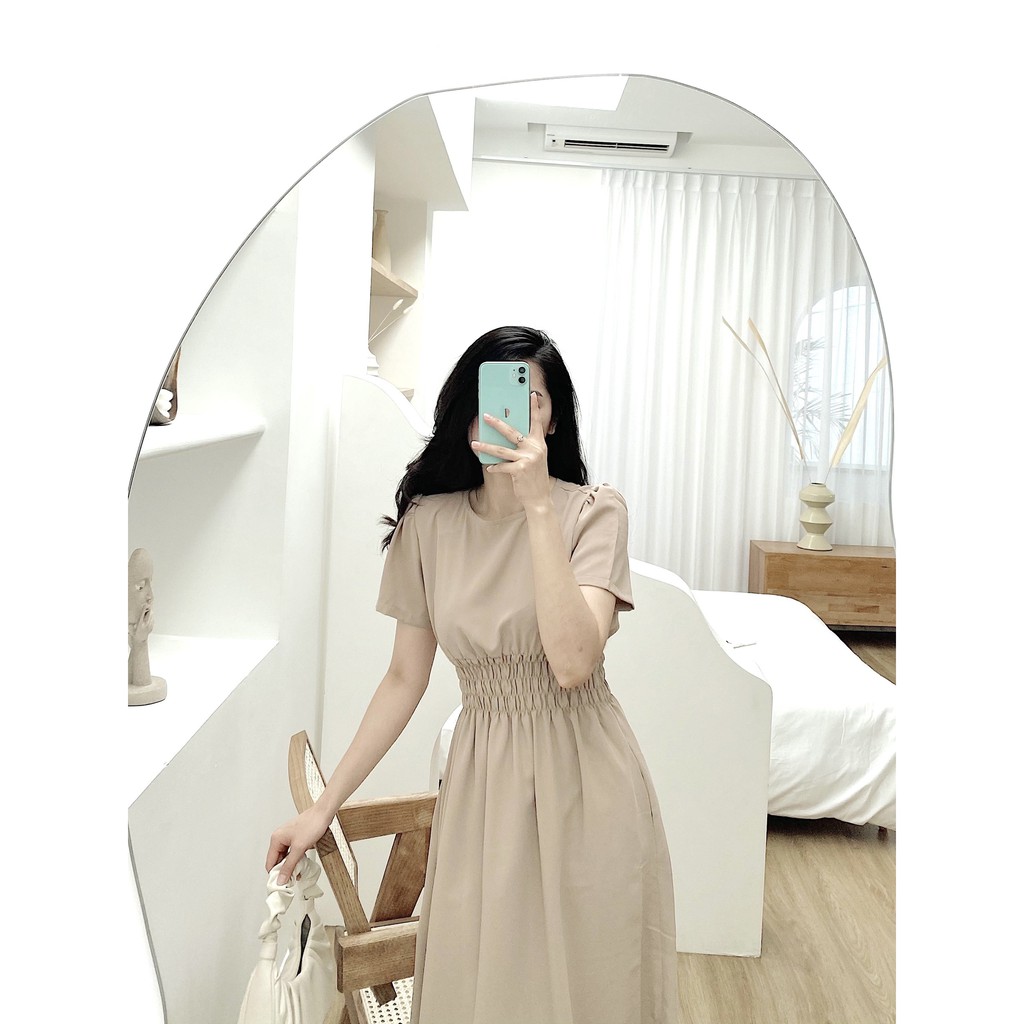 YU CHERRY | Đầm midi nữ cổ tròn, dáng dài, tay ngắn, thun quấn eo kiểu dáng cổ điển Midi Dress YD124
