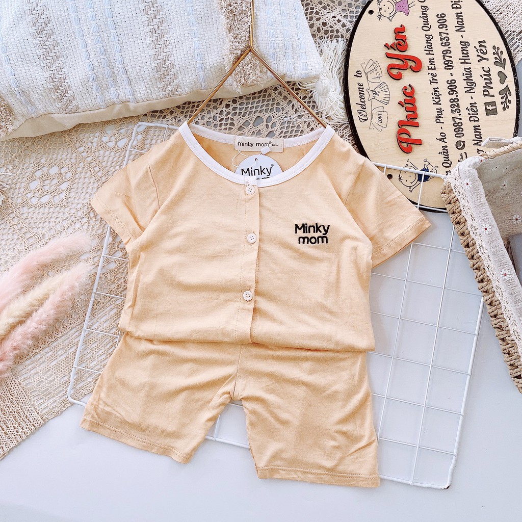 Sale !!! Bộ Cộc Tay Cúc Giữa Minky Mom Thun Lạnh Thêu Chữ Cho Bé trai bé gái (Size 8-18kg)