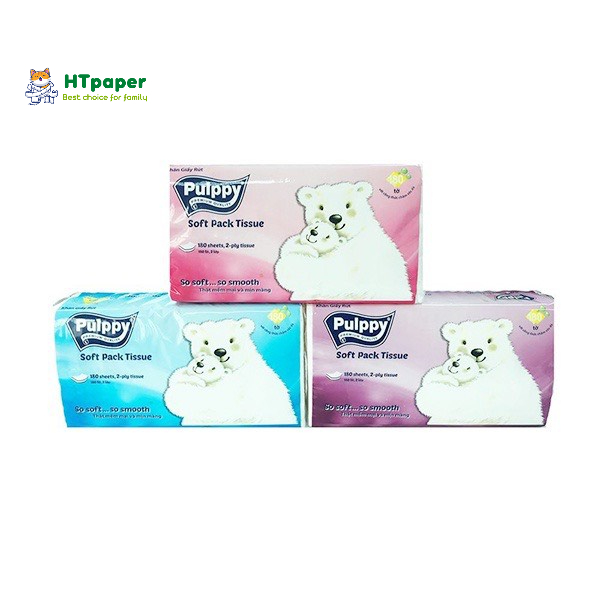 💥 Khăn giấy lụa, Khăn giấy rút Pulppy Gấu Trắng lốc 3 gói 180 tờ x 2 lớp siêu mềm mịn an toàn cho bé