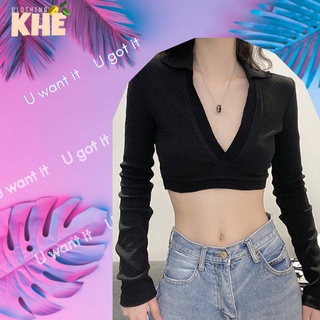 - Áo croptop tay dài quyến rũ, cổ chữ V, áo len cổ chữ V