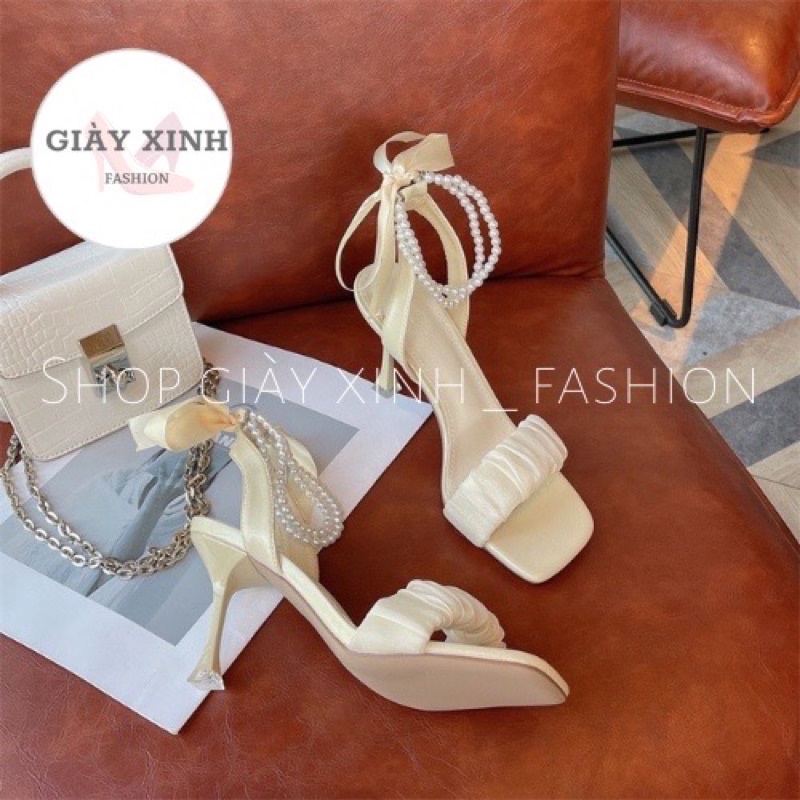 Gày sandal nữ quai nhún chất vải voan tơ mềm gót 7 phân, sandal quai ngọc chất vải voan Mã NC9