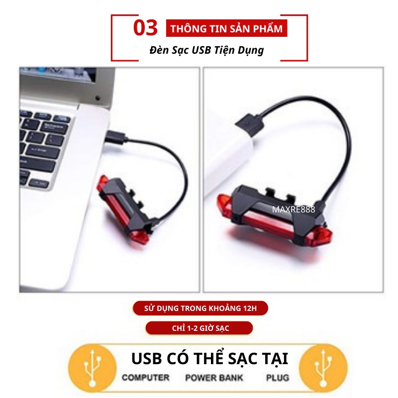 Đèn báo hiệu gắn hậu xe đạp 5 bóng LED có cổng sạc USB nhiều chế độ sáng