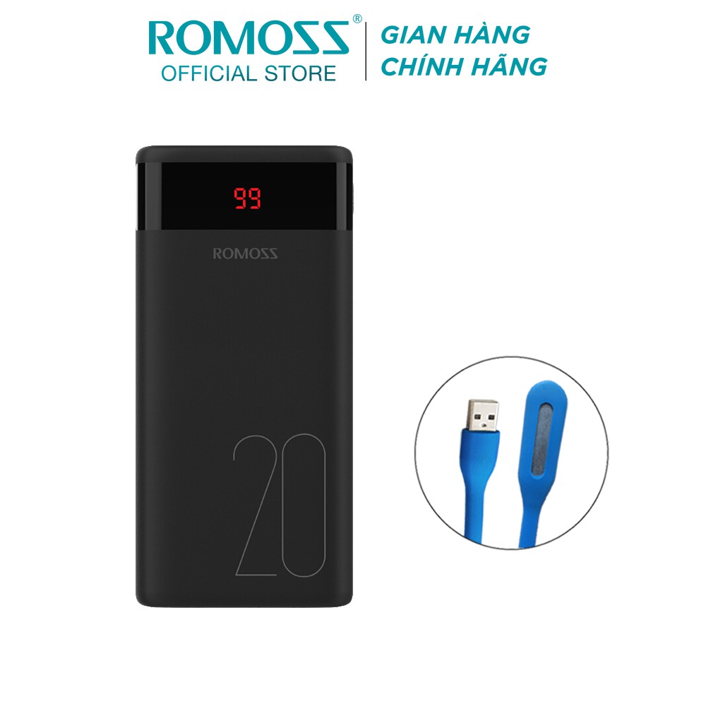 Pin sạc dự phòng Romoss Ares 20 20.000mAh màn hình LED hỗ trợ 3 cổng sạc input tặng đèn LED USB