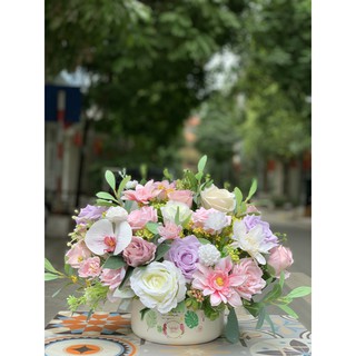 Bình hoa để bàn hồng tím - HOA LỤA GIÁ RẺ CAO CẤP HÀ NỘI
