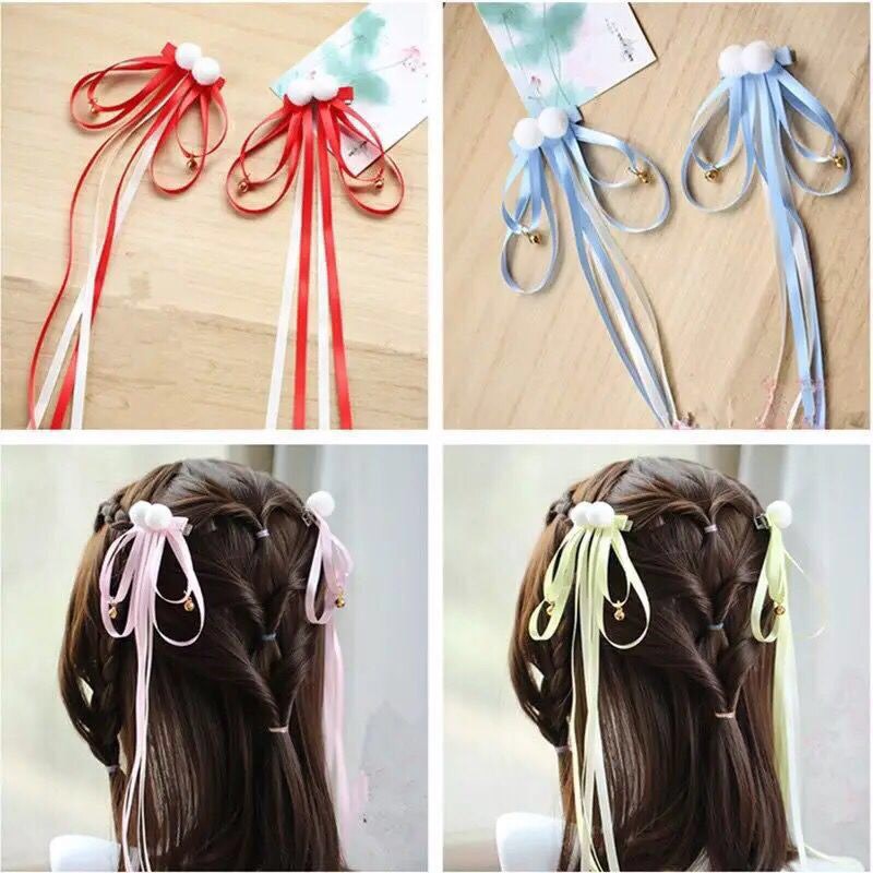 Cài buộc tóc cổ trang bông tết nơ cosplay ruy băng lụa xinh xắn