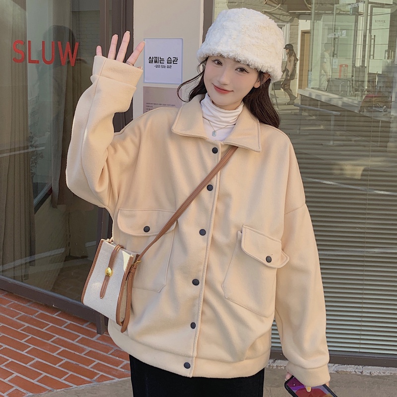 Áo khoác tay dài dáng rộng màu trơn dễ phối đồ thời trang phong cách Hàn Quốc