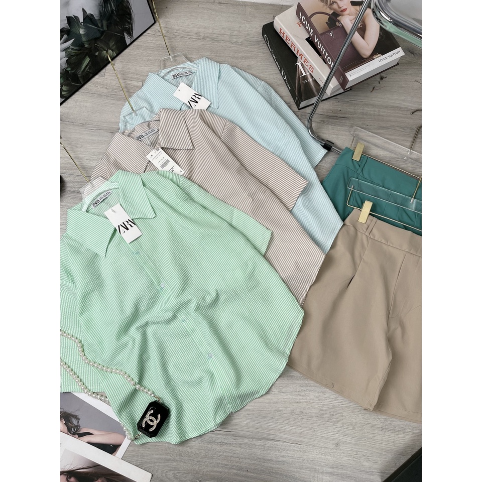 Set sơ mi đũi xốp xanh mix quần short đùi TH476