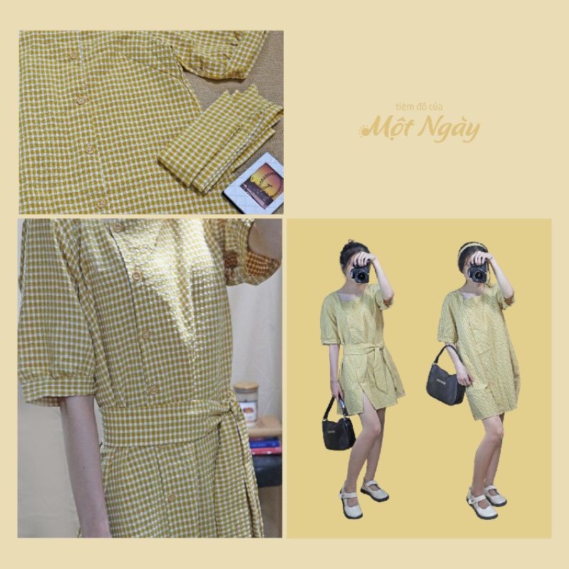 Váy cổ vuông tay bồng Caro Sunyell có dây thắt eo rời