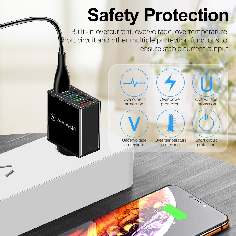 Cốc sạc nhanh cắm tường 4 cổng USB 3.0 phích cắm US EU cho iPhone Xiaomi Android