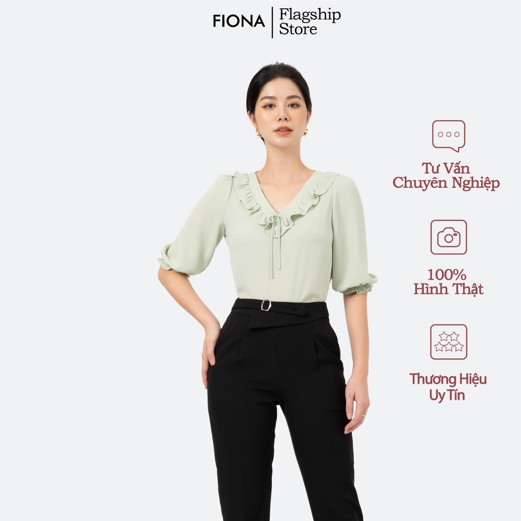 Áo sơ mi suông cổ V Fiona, Sơ mi nữ tay lỡ đính nơ cúc trang trí F551276