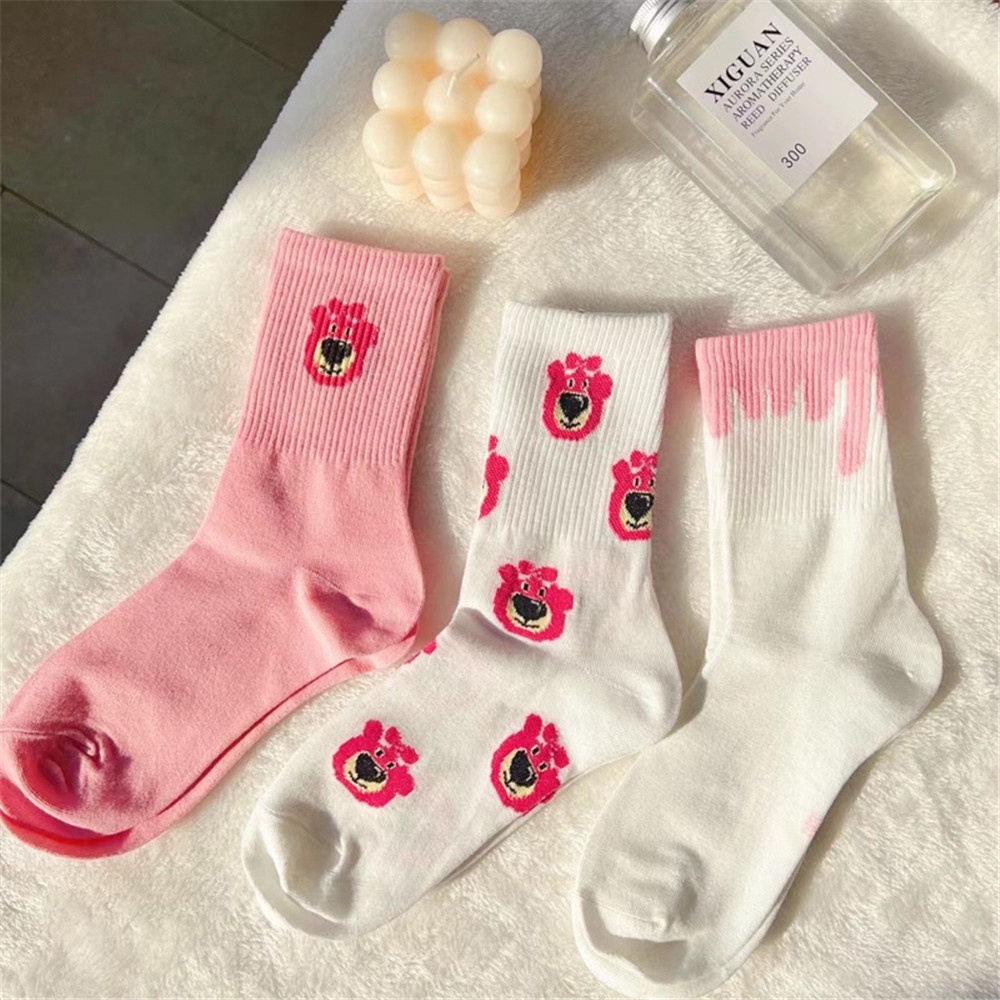 Cod Qipin INS Vớ Dài Họa Tiết Gấu Hồng Dâu Tây Hoạt Hình Phong Cách Lolita Hàn Quốc Ngọt Ngào Phụ Kiện Ngọt Ngào