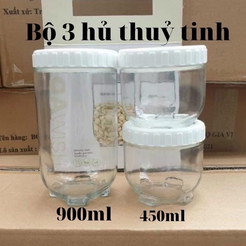 BỘ 3 HŨ THUỶ TINH CAO CẤP GIÁ RẺ( 2*450Ml+1*900ml)