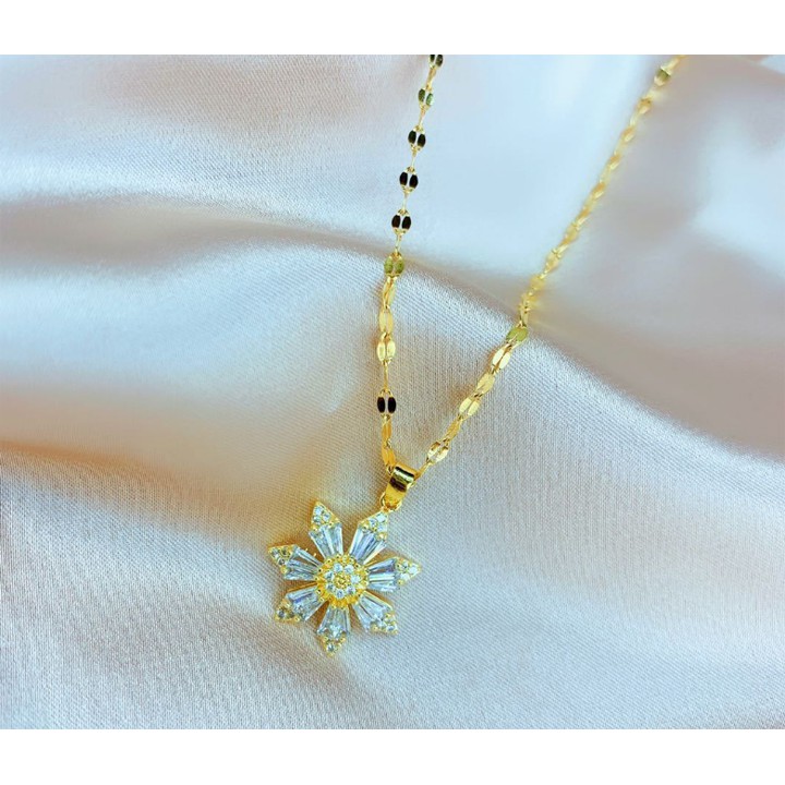 Dây chuyền nữ titan kiểu lá me rớt hoa pha lê đính đá siêu đẹp, bền màu, chuẩn thời trang