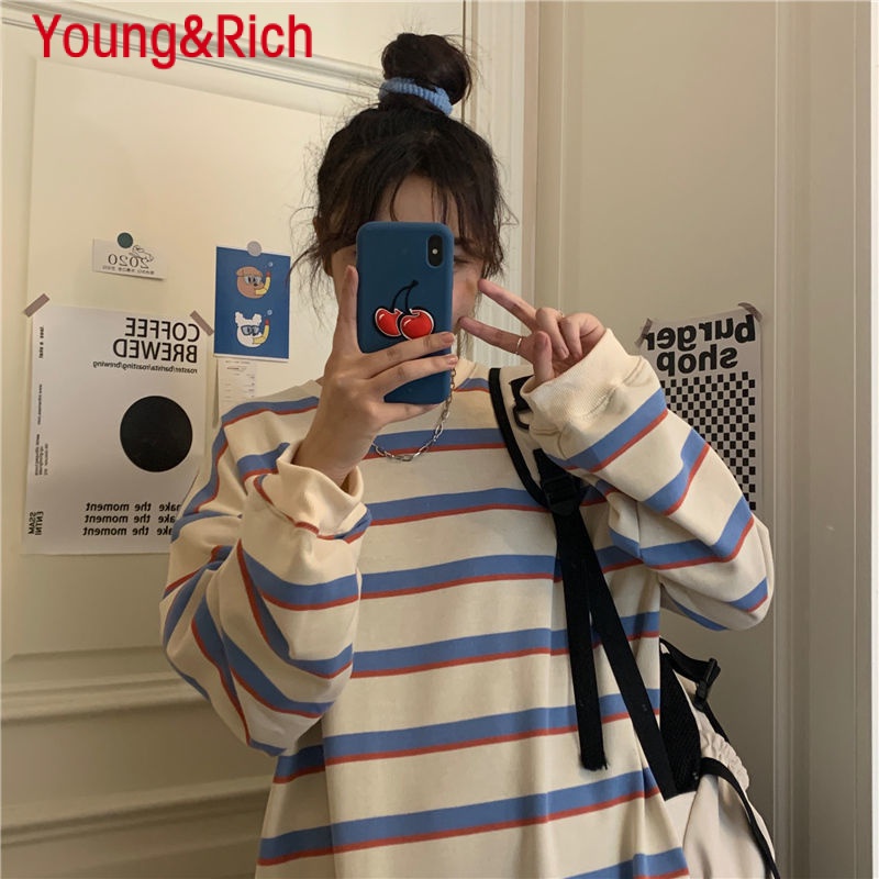 Y & R Áo Sweatshirt Mỏng Cổ Tròn Kẻ Sọc Phong Cách Hàn Quốc Thời Trang Xuân Thu Cho Nữ