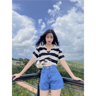 Set quần jeans ngố trơn + crop cổ bẻ sọc