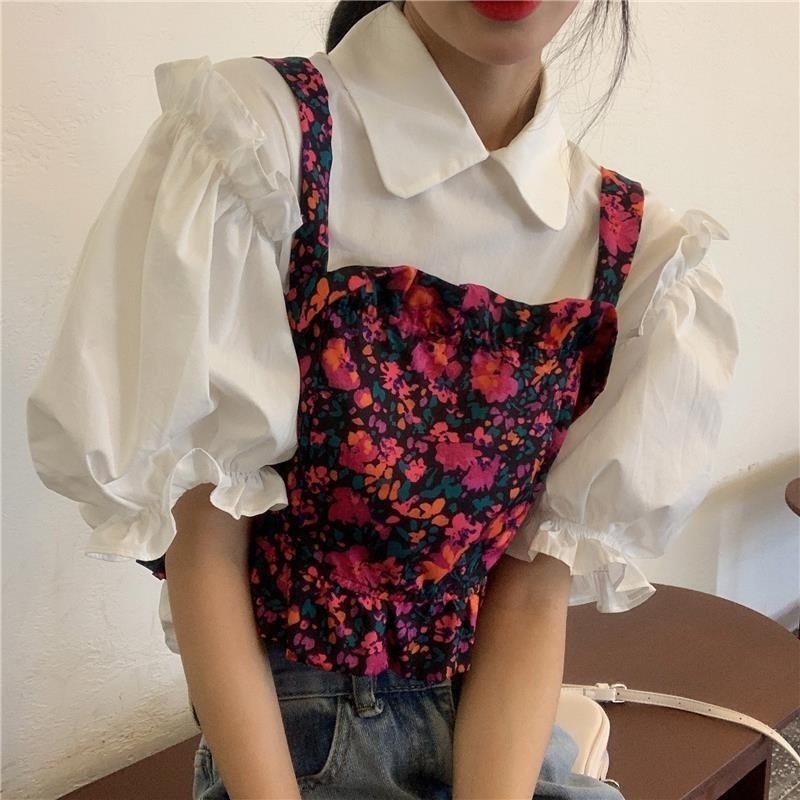 Set Áo Sơ Mi Tay Phồng Kèm Áo Hai Dây Họa Tiết Hoa Thời Trang Mùa Hè