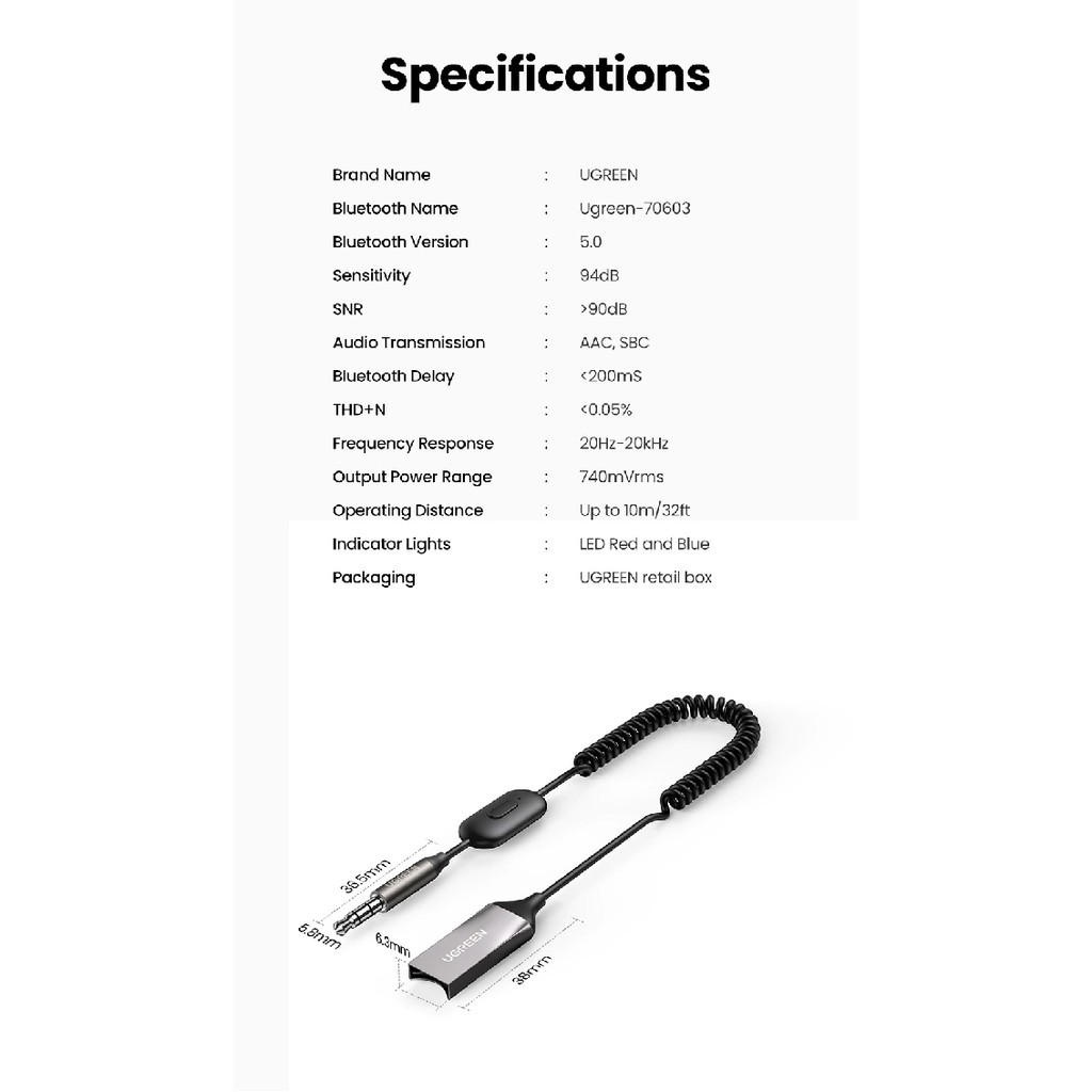 Bộ thu Bluetooth 5.0 UGREEN CM309 70603 - Bluetooth 5.0, dây lò xo tiện lợi, chống rối - Vỏ hợp kim