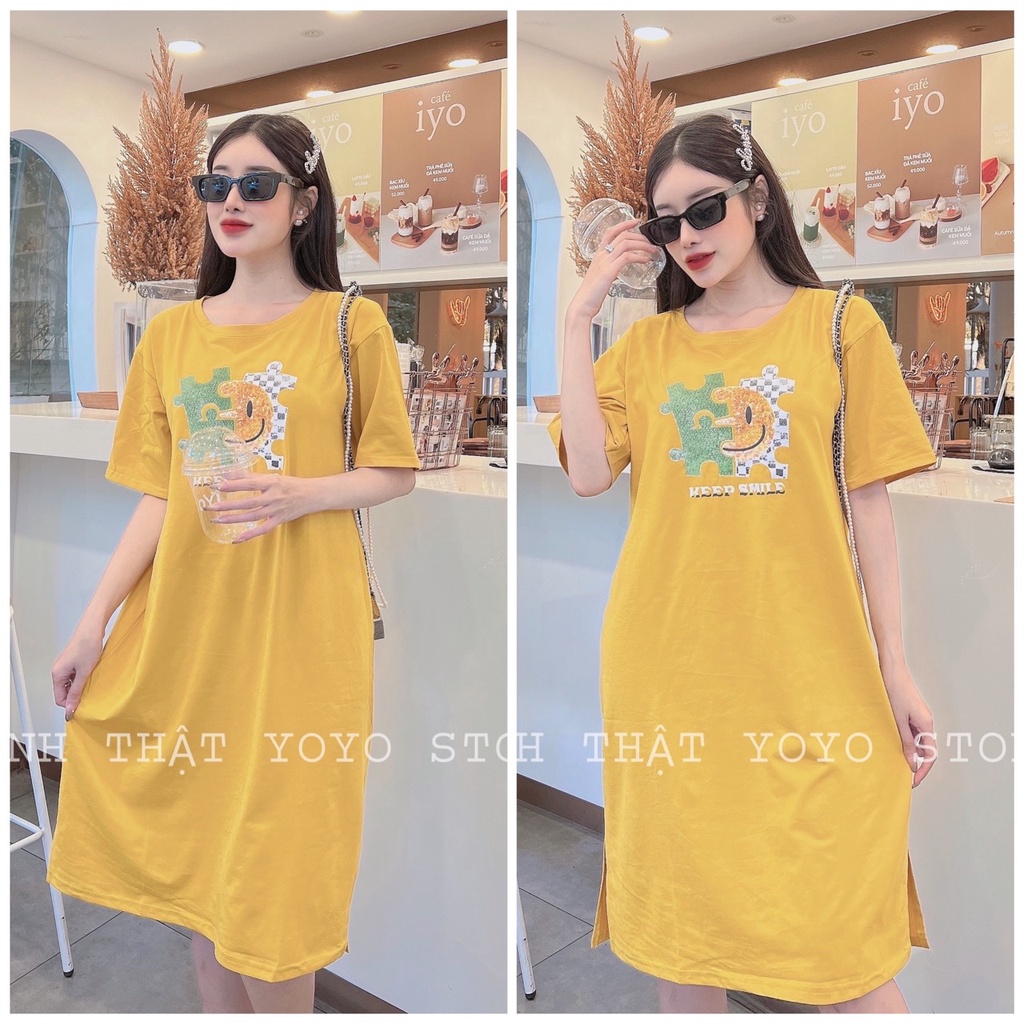 Đầm thun suông bigsize dáng suông xẻ tà form dài cổ tròn 55-80kg YOHOMI keep smile