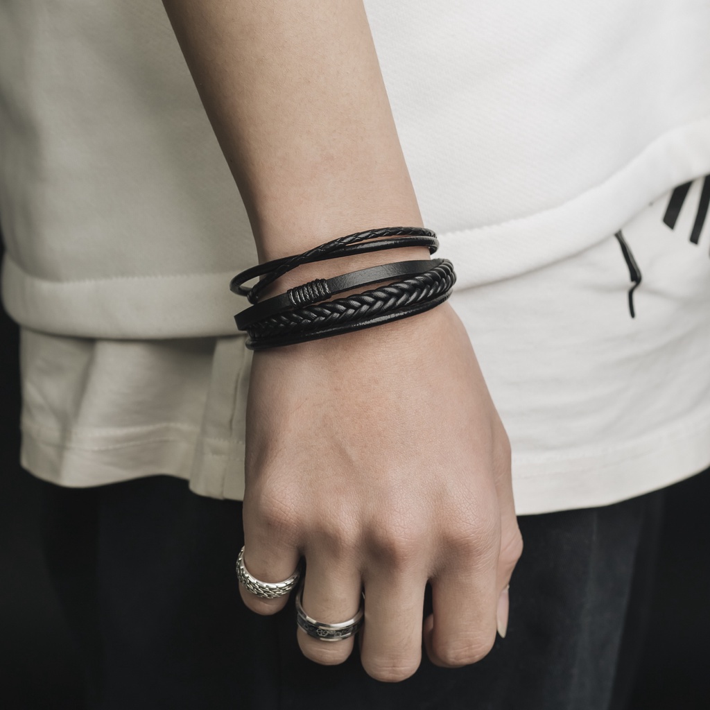 Vòng Tay Nam Lắc Tay Unisex Thời Trang Đeo Tay Nam Nữ Basic Merin Accessories Màu Bạc Đen Titan - Vòng Tay Leather | BigBuy360 - bigbuy360.vn