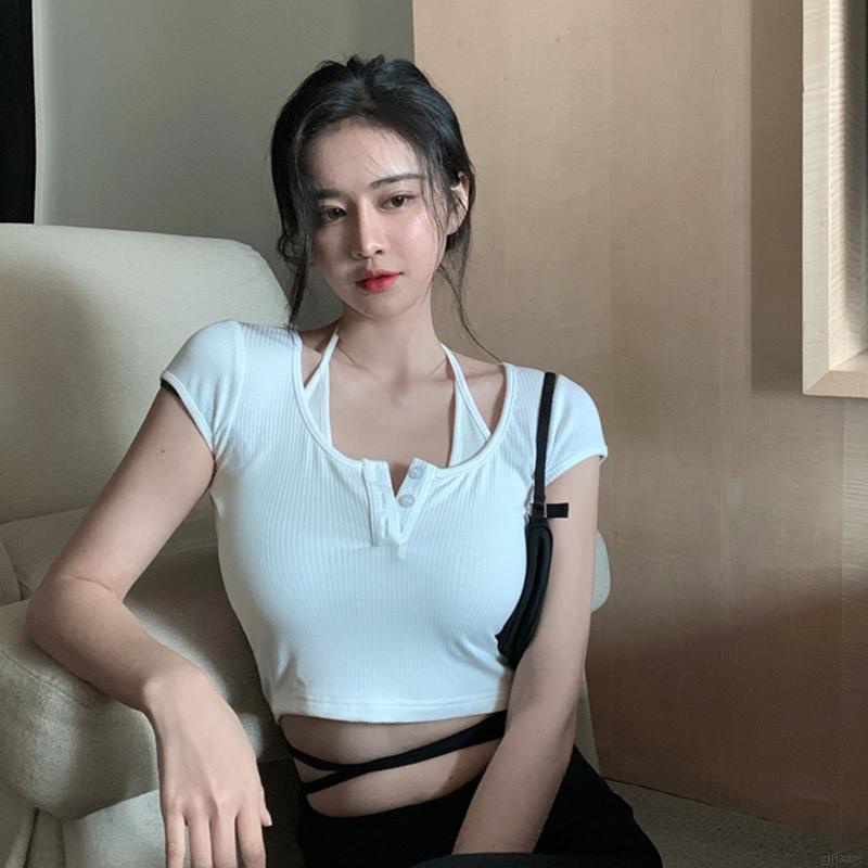 Áo Thun Croptop Tay Ngắn Màu Sắc Đơn Giản Phong Cách Hàn Quốc