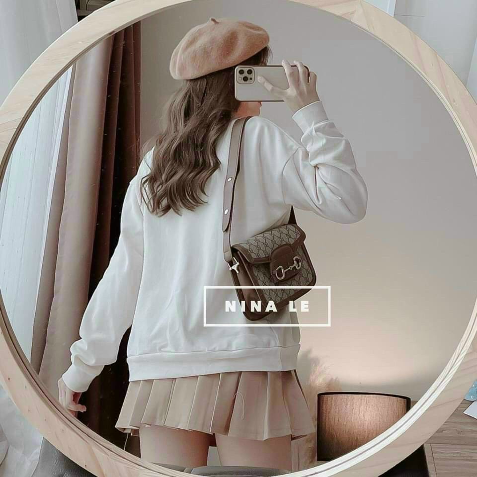 Set áo kèm chân váy nữ, áo thun trắng tay dài in gấu mix chân váy nâu xếp ly cá tính, dễ thương  dx