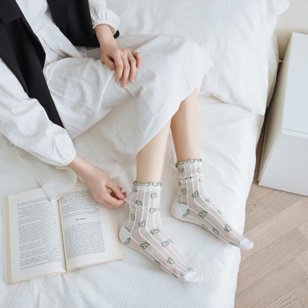 Vớ Trong Suốt Đính Hoa Lấp Lánh Thoáng Khí Thời Trang Đường Phố Cho Nữ|Vớ Lụa Phong Cách Harajuku Cá Tính