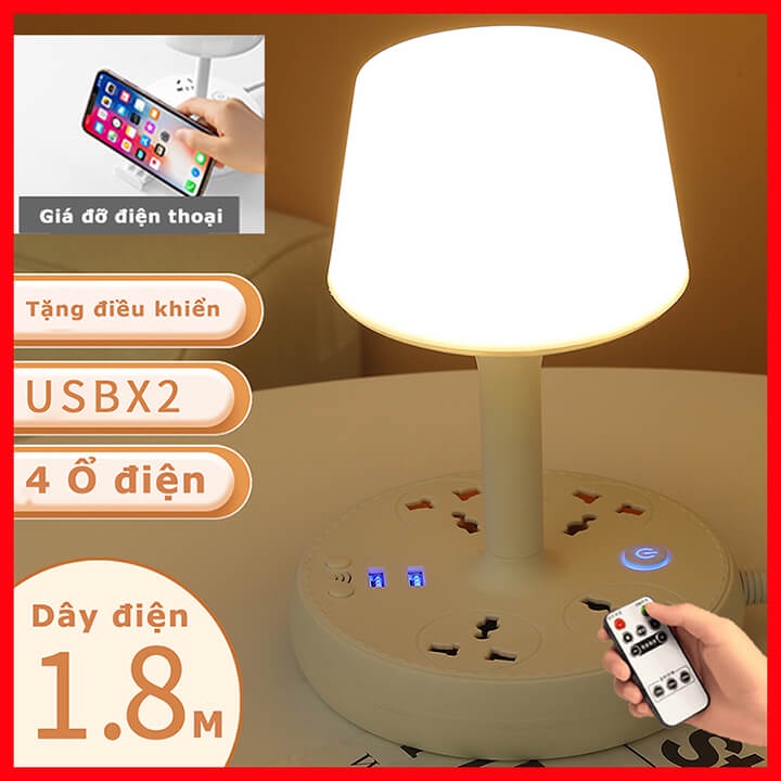 Đèn ngủ để bàn đa năng kiêm ổ cắm điện thông minh 4 cổng chịu tải 2500W, dây dài 1.8m, tích hợp 2 cổng sạc USB