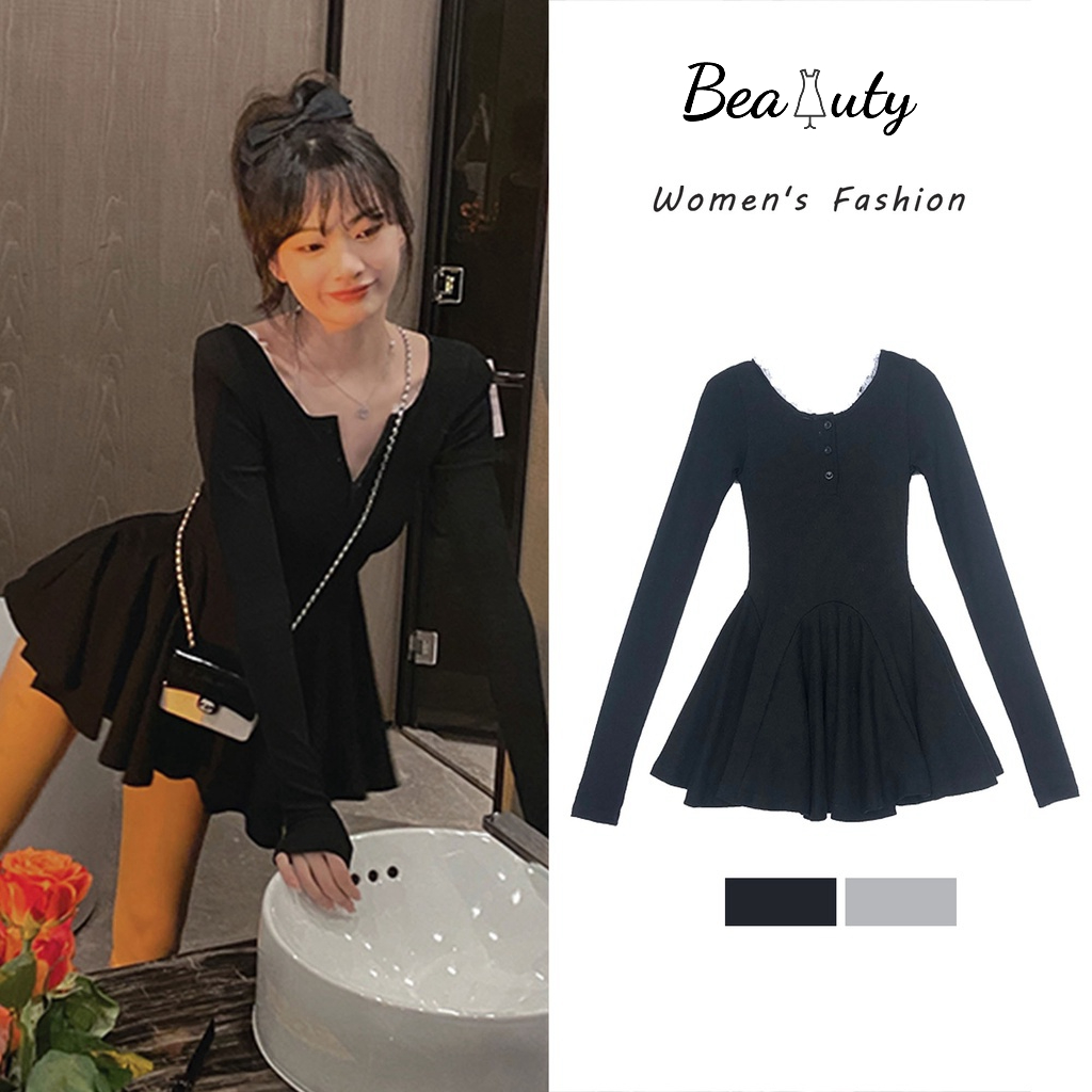 [MURIOKI] Đầm Nữ Dài Tay Cổ Tròn Màu Đen Tôn Dáng Thời Trang Dự Tiệc đầm thun co giãn đầm ôm body