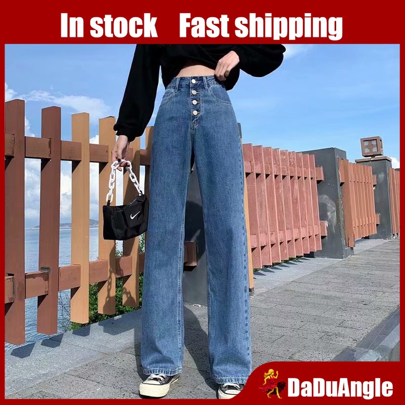 Quần Jeans Dài Lưng Cao Ống Rộng Thời Trang Hàn Cho Nữ