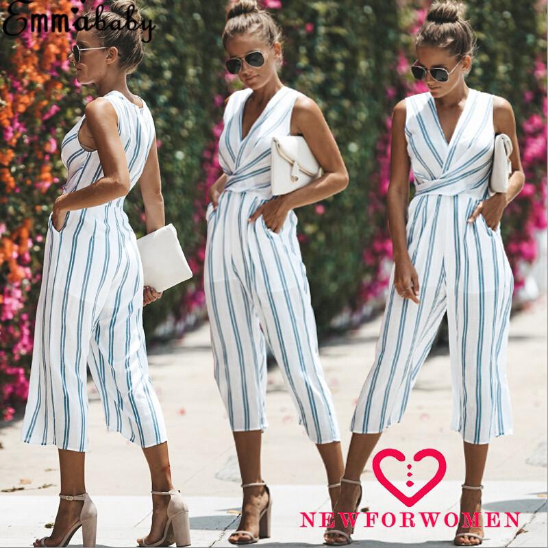 NFW♥NEW 2018 Women´s Fashion Jumpsuit Rompers V-neck Sleeveless Slim Fit Wid Leg Jumpsuit